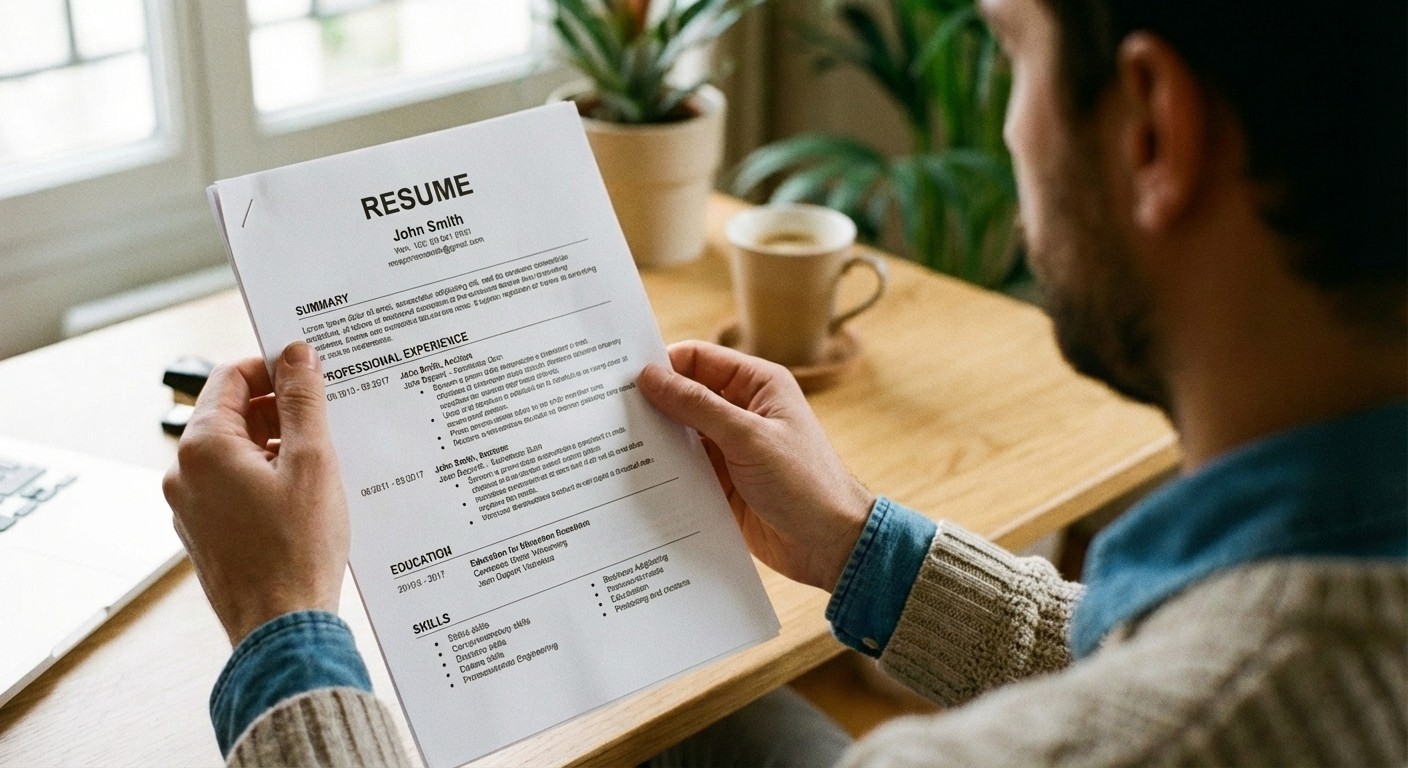 A man holding a stapled resume while reviewing it at a desk.