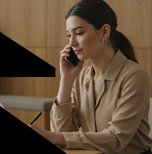 The image shows a woman sitting at a table, talking on a smartphone. She is wearing a beige blouse and gold hoop earrings, holding a pen in her other hand as if she’s taking notes. The background features light wooden panels, creating a calm and professional atmosphere.