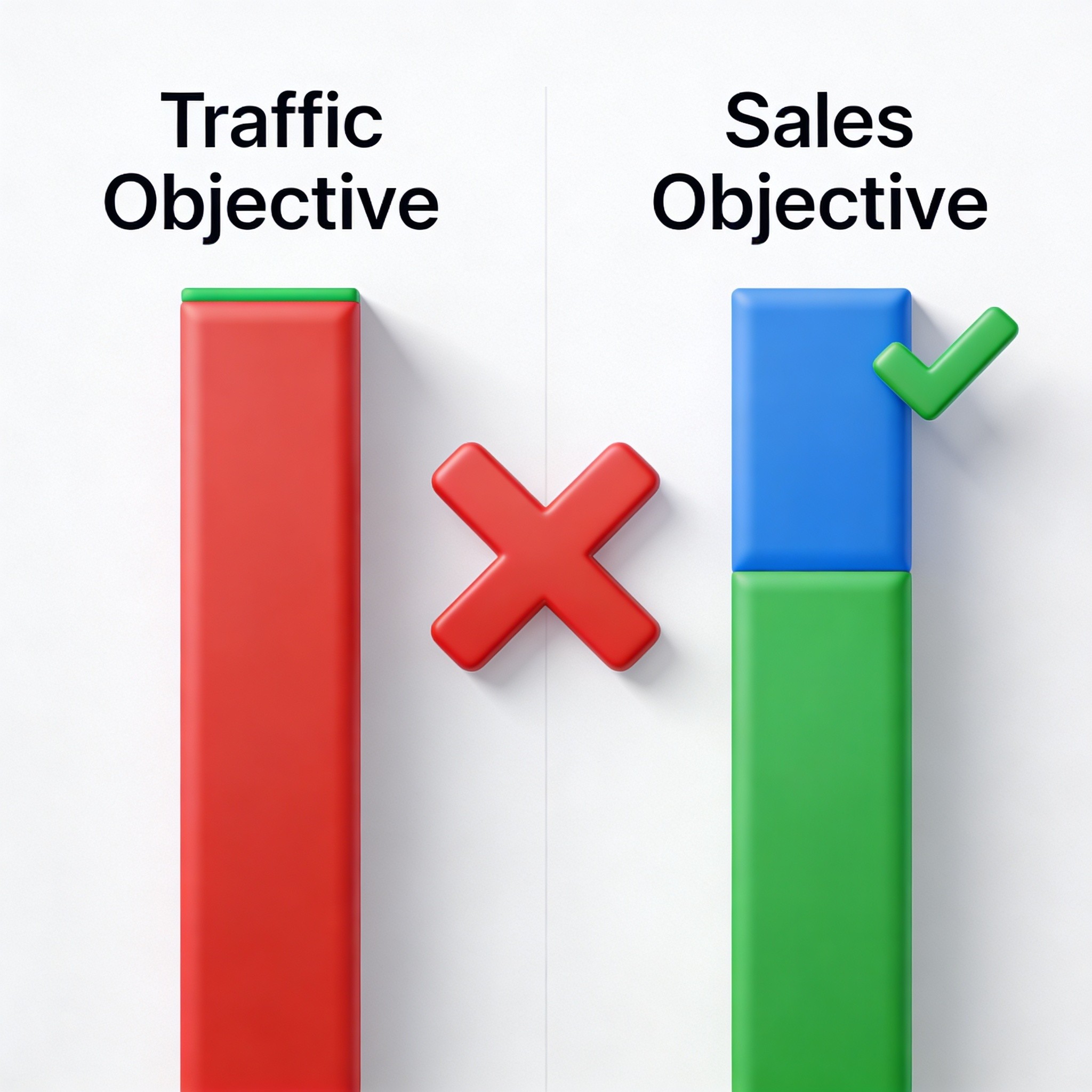 Gráfico comparativo de taxa de conversão entre objetivos de tráfego e vendas no Meta Ads