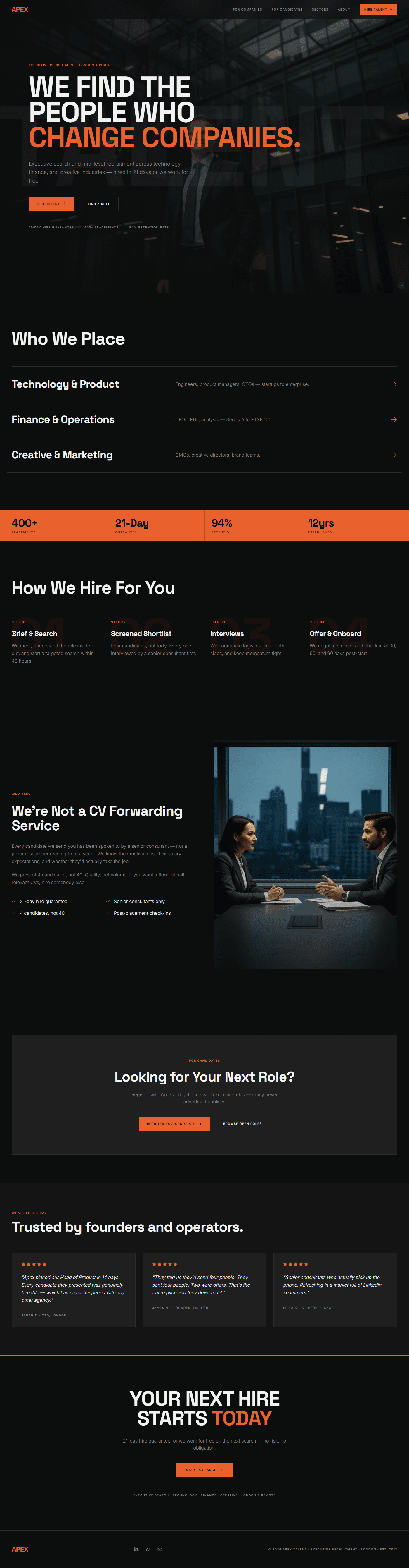 Recruitment agency website prompt full preview — near-black #111111 background with electric orange #e85c1a accent and white text, Space Grotesk 700 bold hero headline with large faded "TALENT" background text at 4% opacity, composition-independent right-to-left gradient over full-bleed corporate office photography, three hover-raise sector rows for Technology, Finance, and Creative with orange arrows, and full-width orange count-up stats strip with four metrics and dark dividers