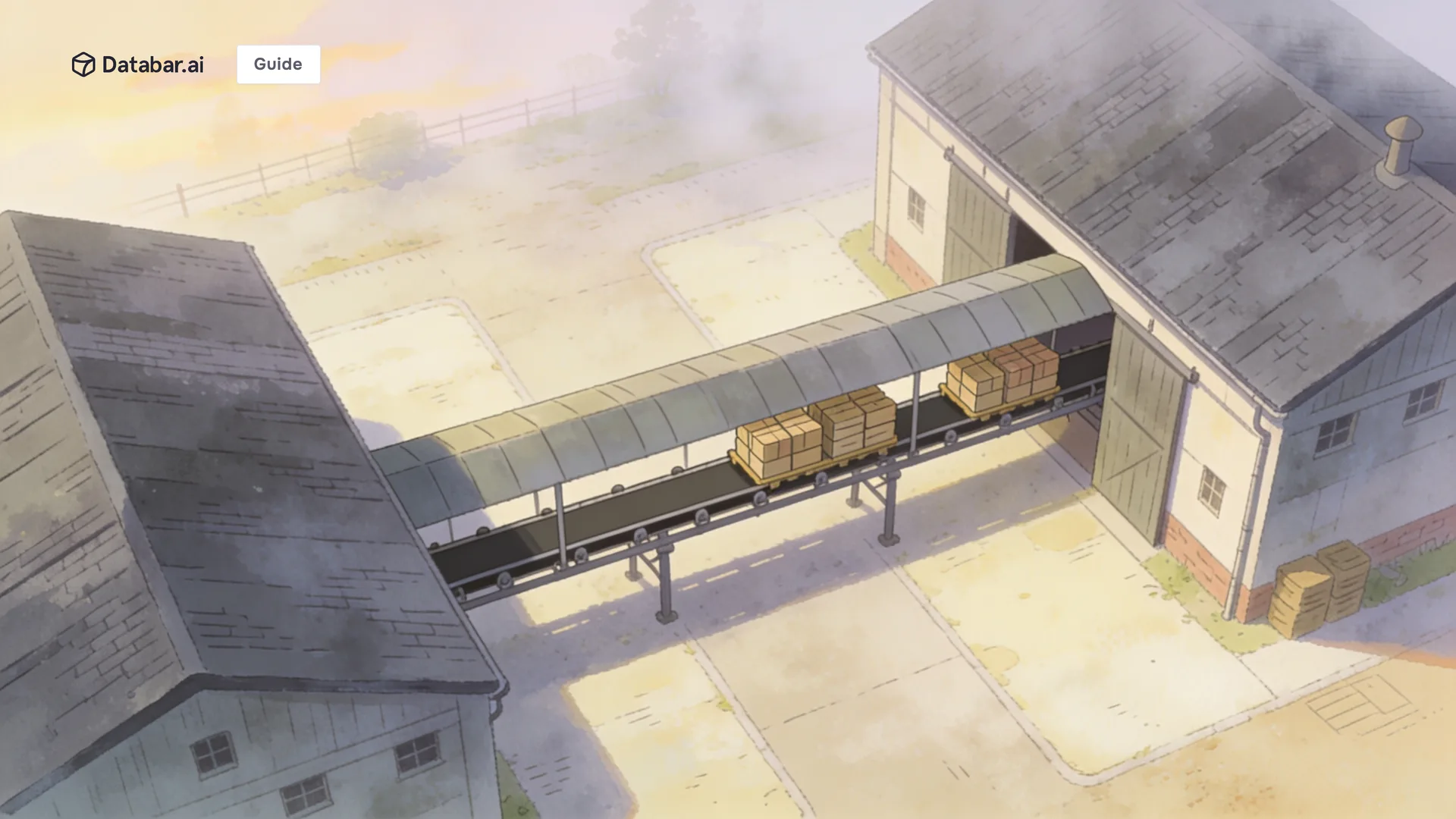 CRM data migration, illustrated as two warehouses joined at dawn by a covered conveyor bridge carrying stacked crates across