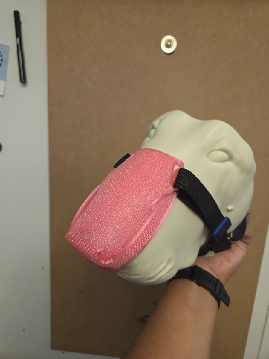 Pink custom cover with long bridge coverage fitted on a Bull Terrier head model, side view