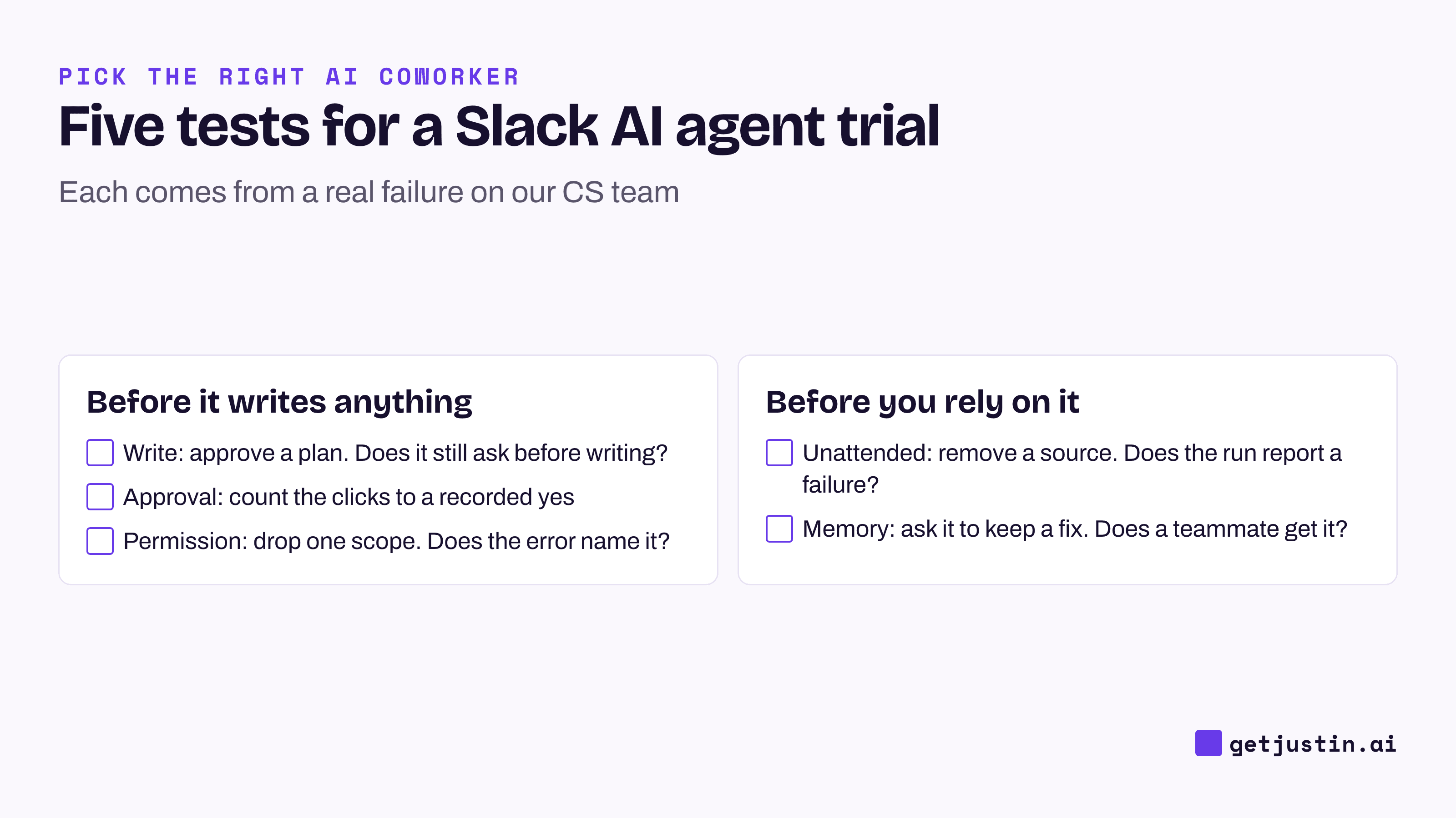 Checklist of five trial tests for a Slack AI agent: write, approval, permission, unattended runs and memory.