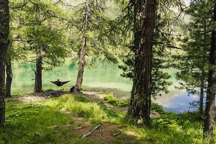 Zdjęcie krajobrazu z osobą leżącą w hamaku nad jeziorem, otoczoną zielonym lasem i górami, idealne do druku Fine Art