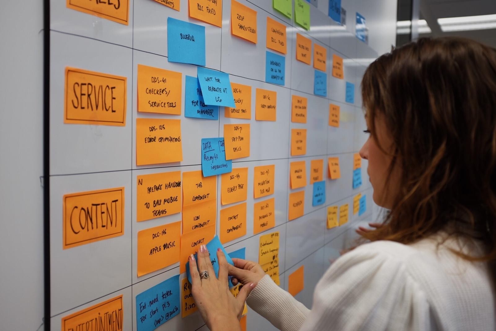 Vrouw die sticky notes op bord plakt.