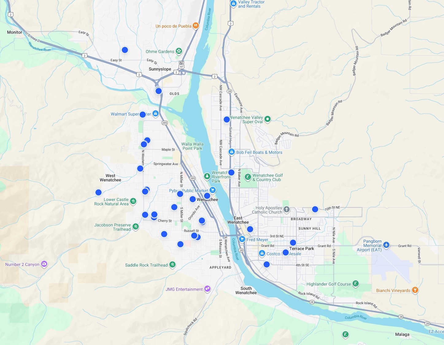 Map of senior living and assisted living communities in Wenatchee