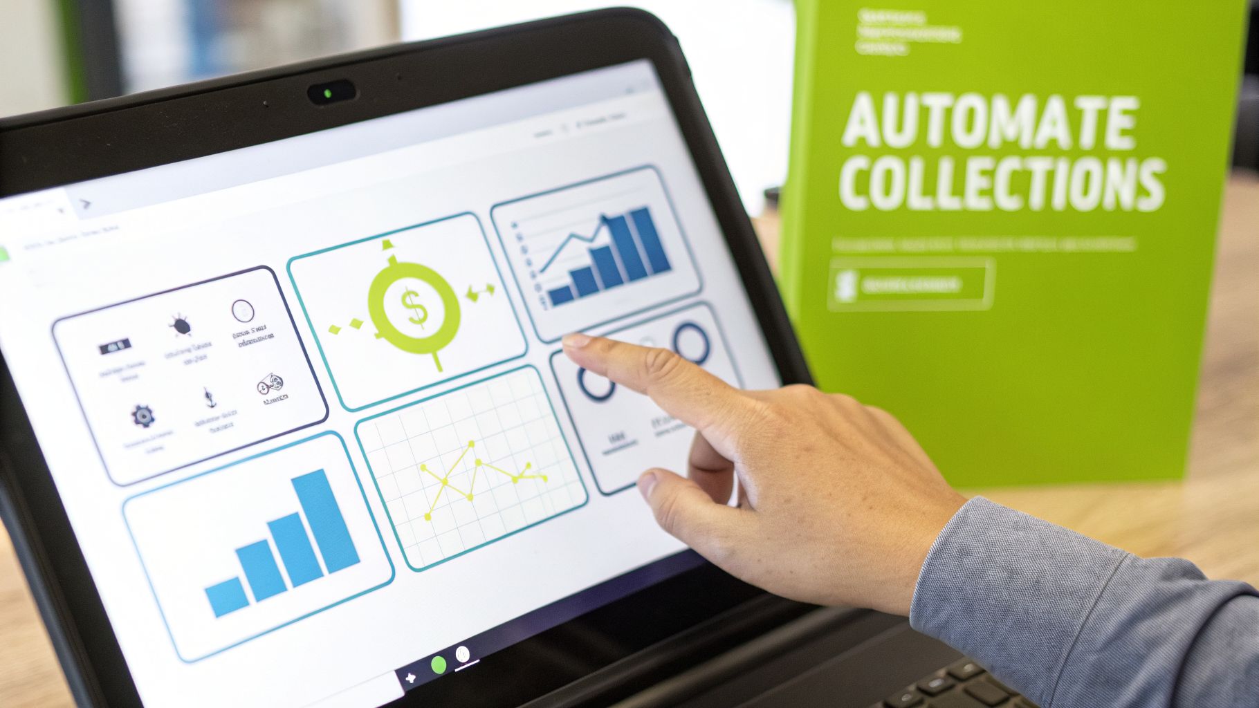 A hand interacts with a tablet showing a business analytics dashboard, with 'Automate Collections' box in background.