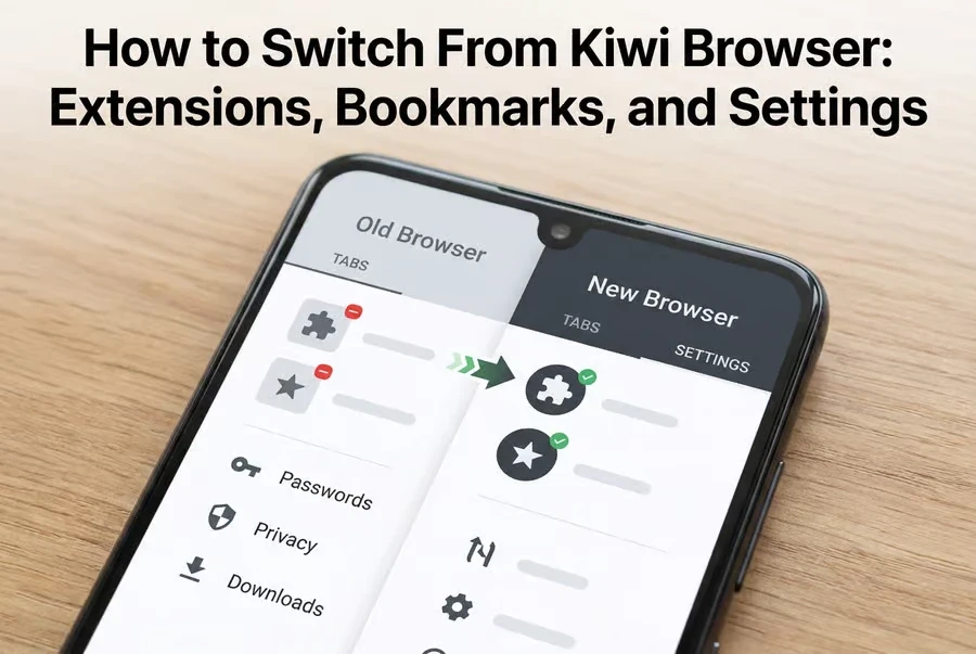 Android user preparing to switch from Kiwi Browser while checking extensions, bookmarks, and settings