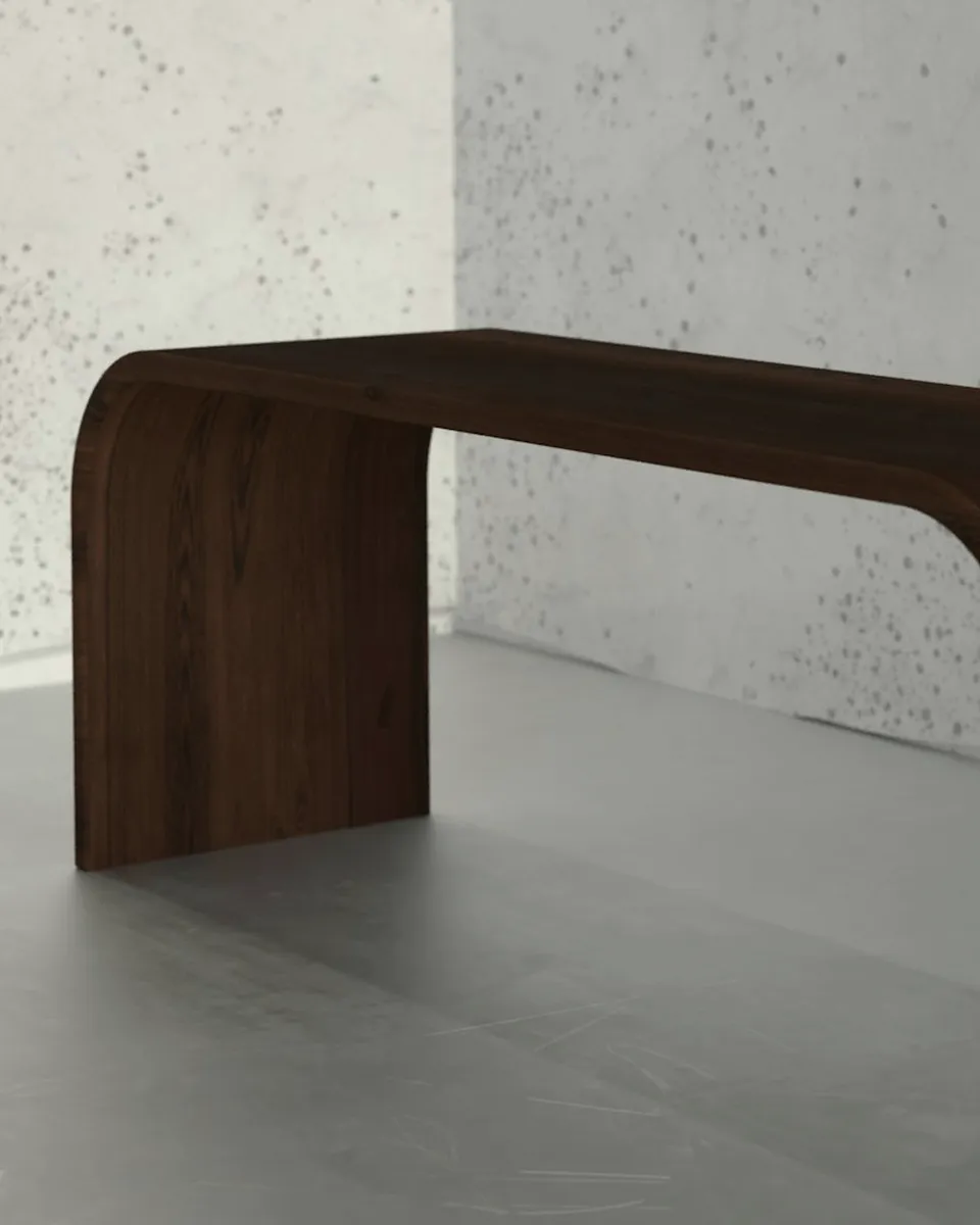 Close-up of the bent walnut bench