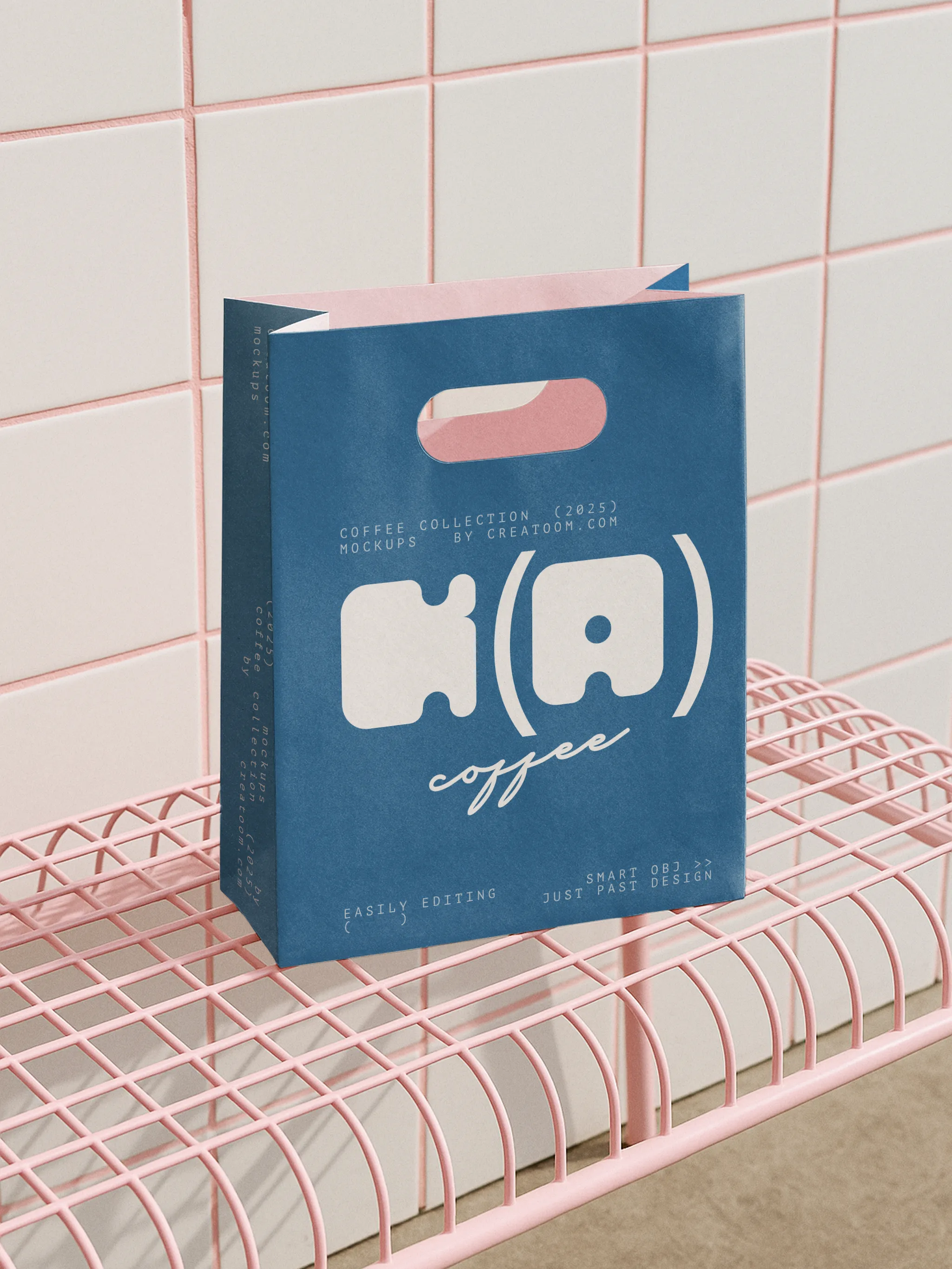 Blue branded takeaway bag on pink wire chair