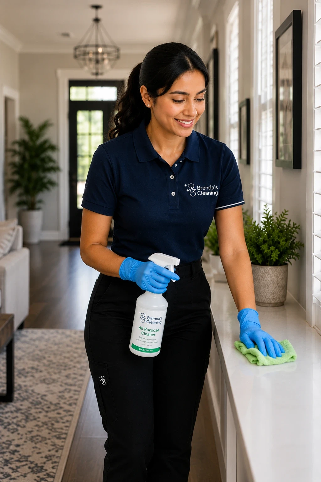 A smiling professional house cleaning specialist with Brenda's Cleaning service wiping down and dusting a long white window ledge or hallway counter with a green microfiber cloth. She is holding a branded Brenda's Cleaning "All Purpose Cleaner" spray bottle while performing detailed residential maid services. Dressed in a company-branded navy blue uniform polo shirt, black cargo work trousers, and blue protective nitrile gloves, she highlights meticulous home housekeeping, trim and baseboard cleaning, and local residential cleaning services. The background showcases a bright, beautifully decorated modern residential home hallway featuring dark hardwood flooring, a patterned area rug, a potted indoor tree, and a black front entry door with a decorative chandelier.
