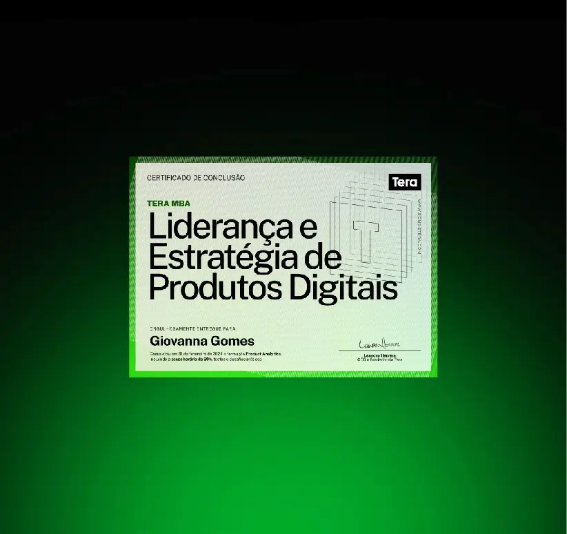 Certificado "Liderança e Estratégia de Produtos Digitais" apoiada sobre fundo verde.