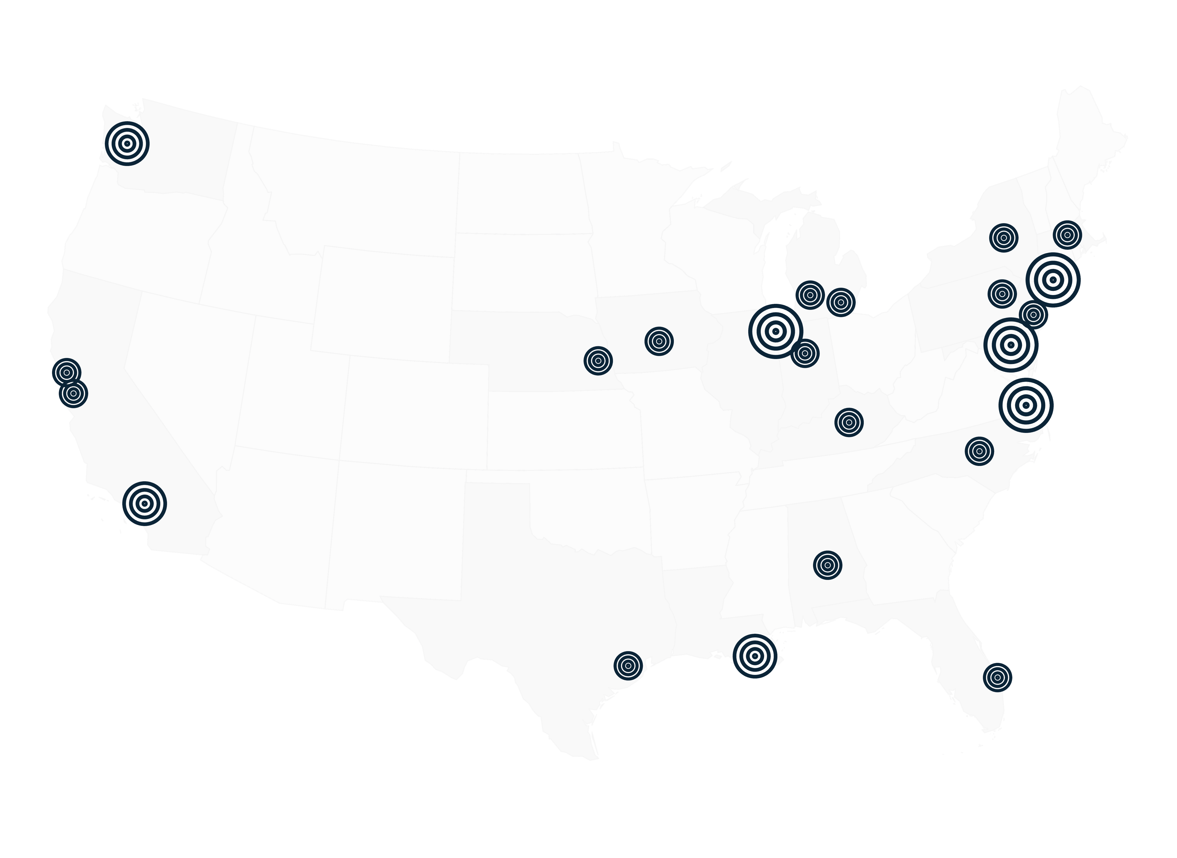 Map of the United States displaying multiple concentric circle markers on various major cities, indicating targeted locations or data points for business or demographic analysis.
