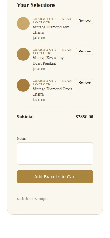Draft selections list with subtotal and Add Bracelet to Cart
