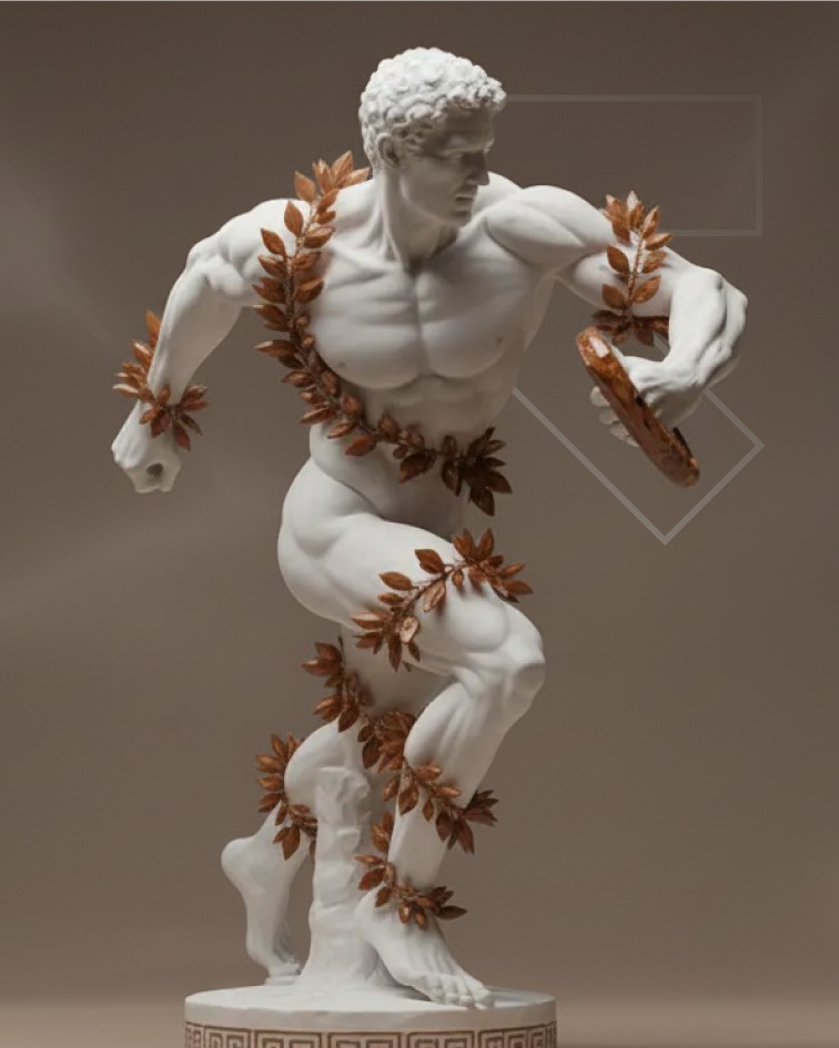 White marble sculpture of a muscular figure in motion, adorned with copper-colored laurel leaves, holding a discus.