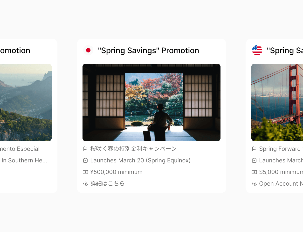 Three promotional cards each advertising a spring savings promotion, featuring scenic images related to different locales, highlighting smart localization.