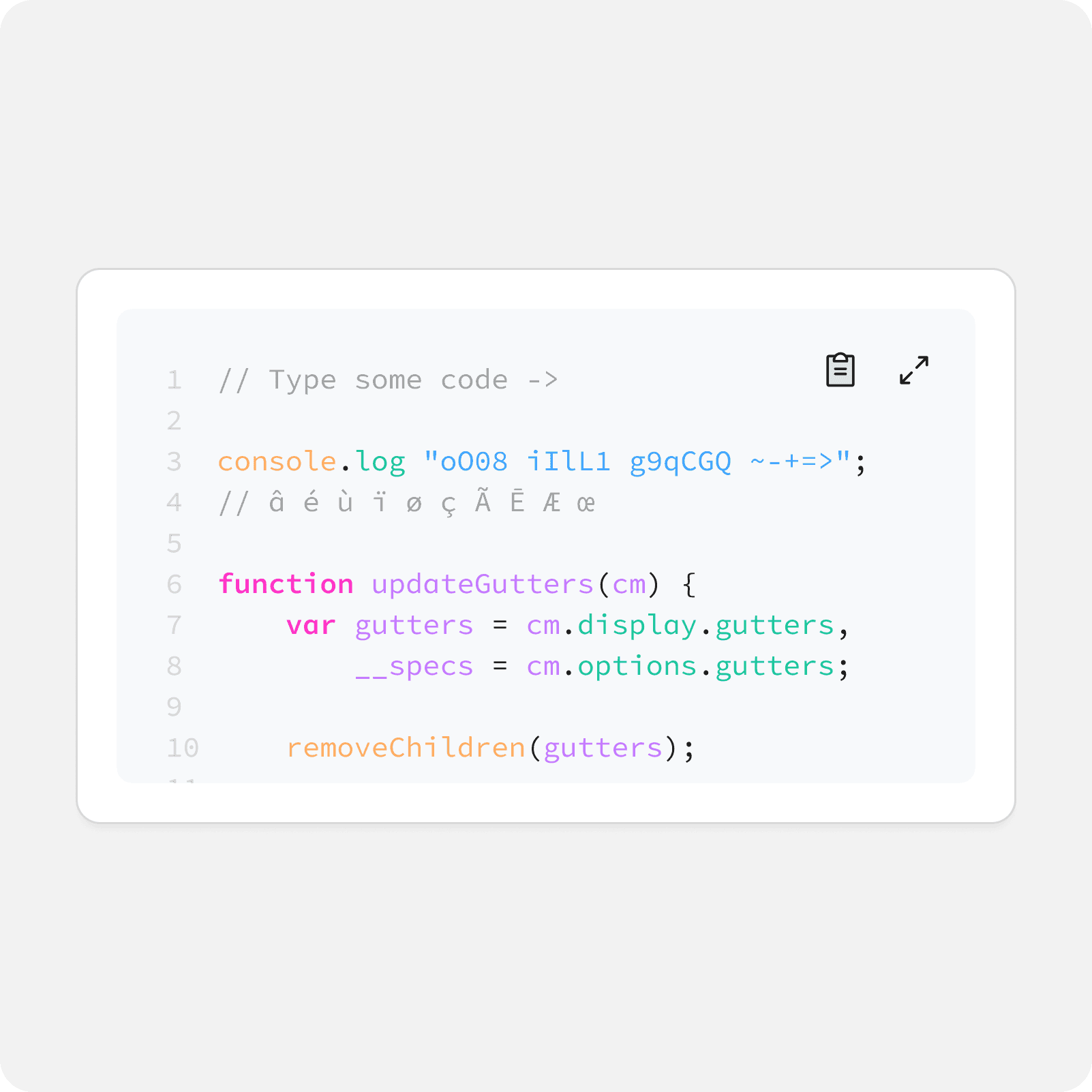 Embedded code editor displaying JavaScript with syntax highlighting and editable code functionality.