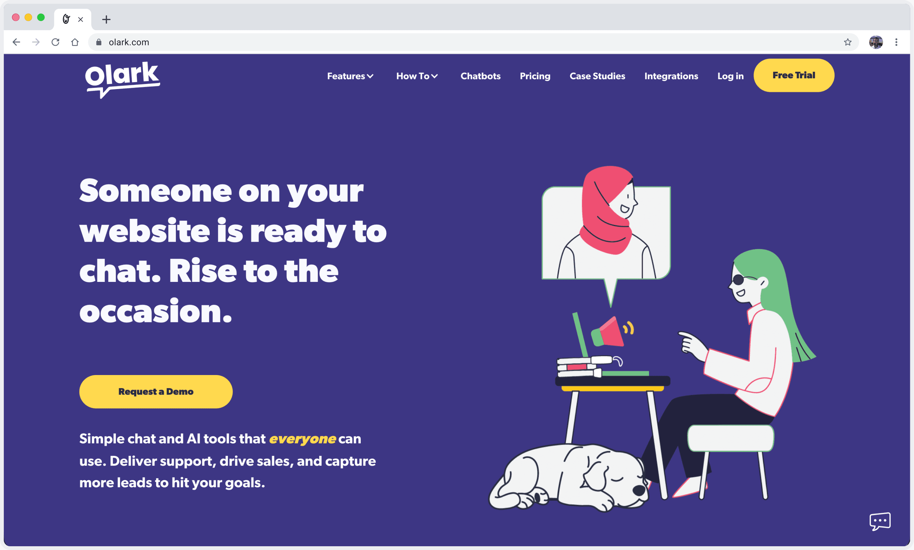Olark live chat platform homepage with purple background showing illustrated chat support scene and "Request a Demo" button.