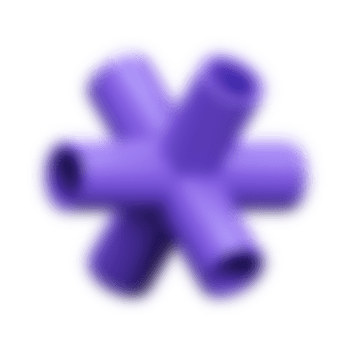 A 3D rendered geometric shape resembling a purple plastic pipe connector with six cylindrical openings arranged symmetrically, showcasing a modern and abstract design.