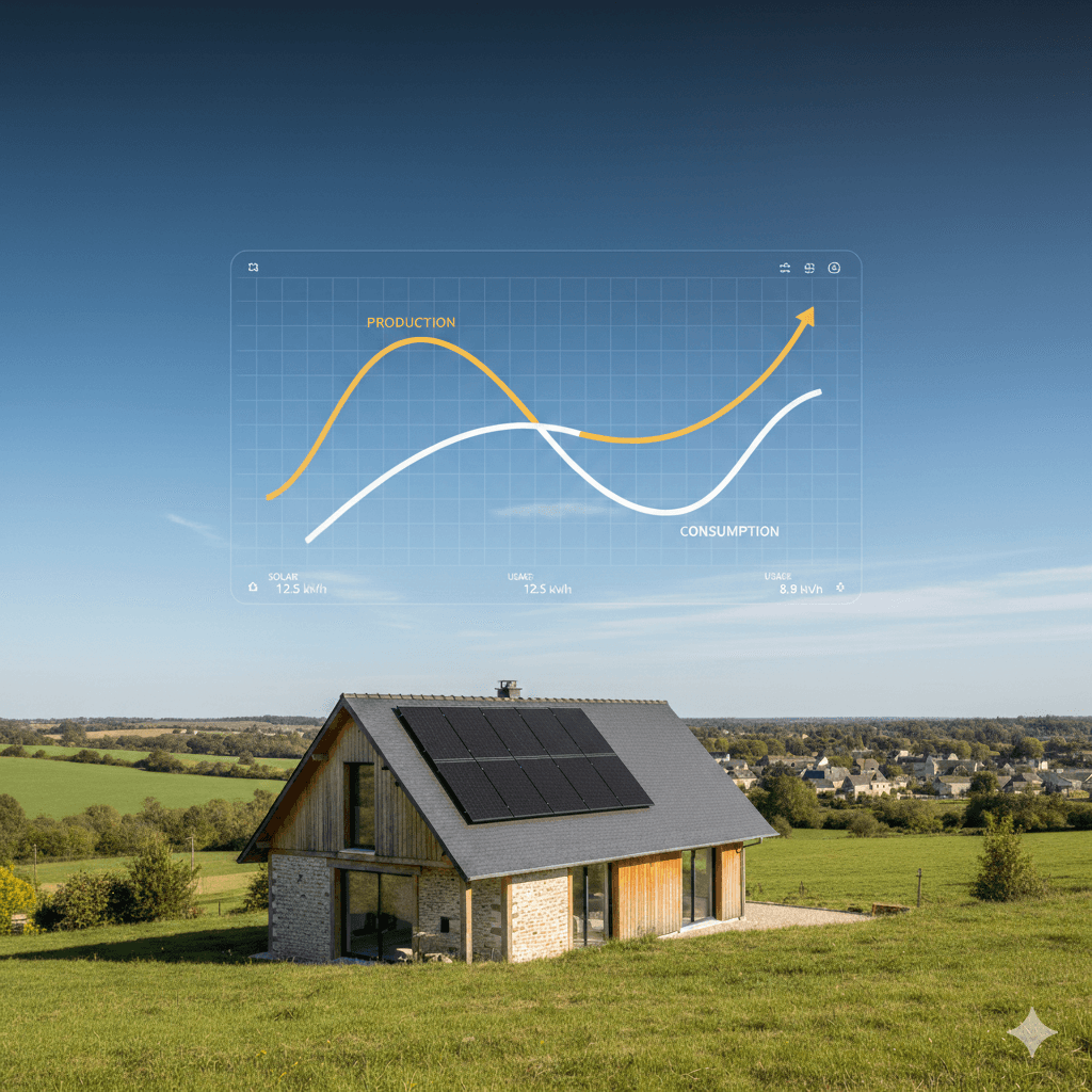 photo d'une maison avec des panneaux solaires sur son toit et un système de monitoring