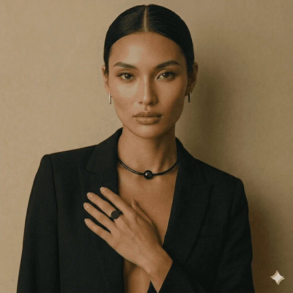 A person wearing elegant jewelry, including a black silver necklace with a teardrop pendant, matching earrings, and a ring, in a minimalist, classy style, perfect for a jewelry website template.