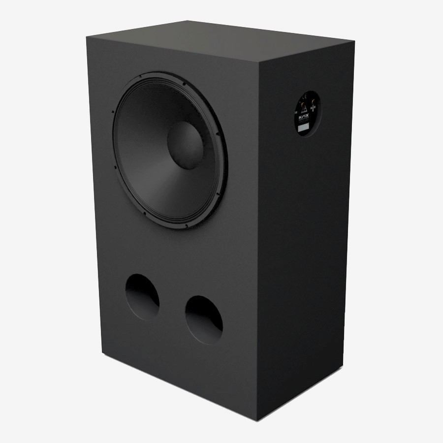 Black subwoofer with two circular ports at the bottom.