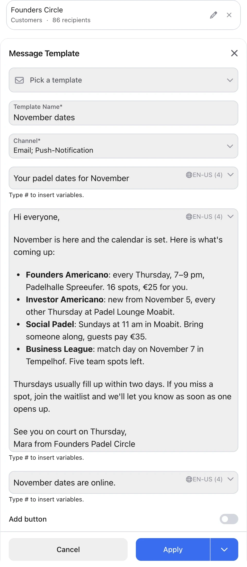 Broadcast “November dates” to the 86 Founders Circle members by email and push, in anny’s message editor