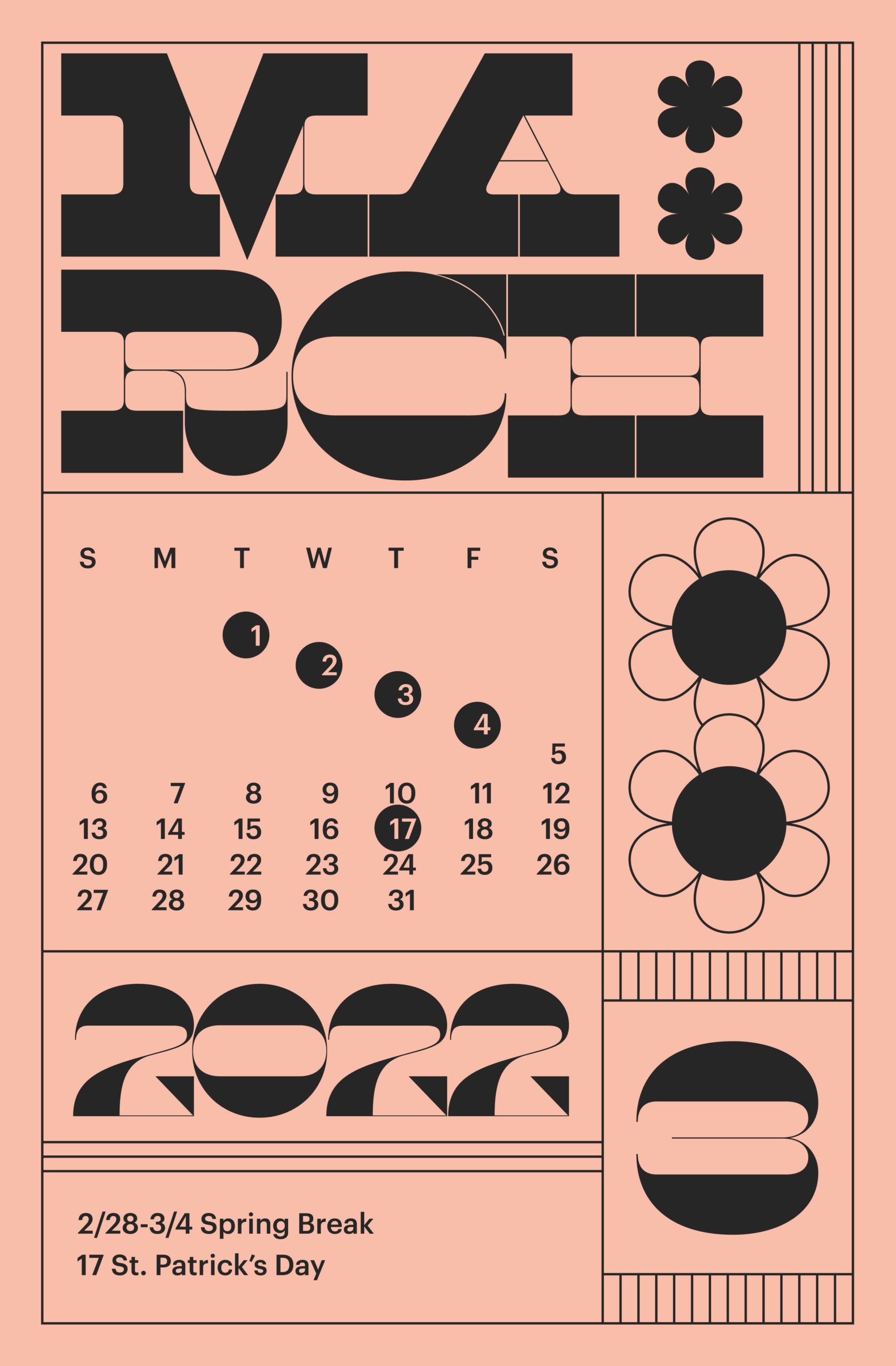 March 2022 month illustration with big and bold text and flowers with rounded shapes on a faded pink background