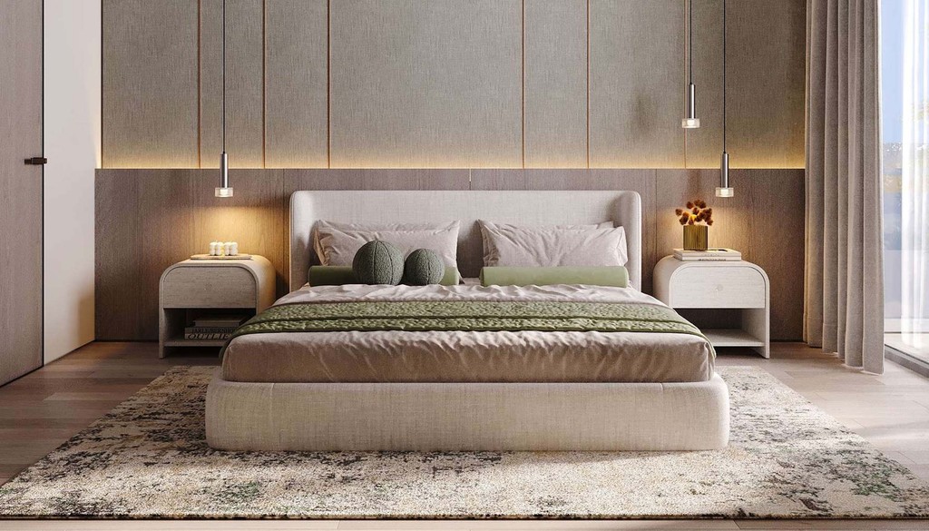 A modern bedroom featuring a bed, nightstands, and a stylish rug, designed in the Cove Edition 6 style.