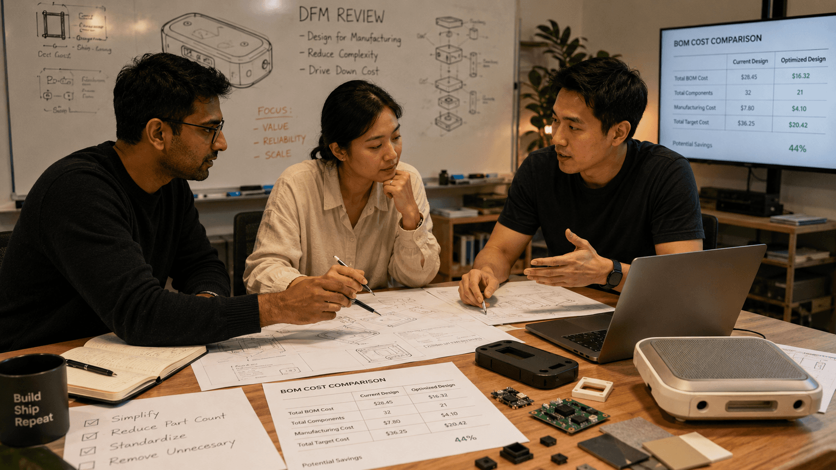 Hardware startup team reviewing prototypes, CAD drawings, and BOM cost comparison to simplify design and reduce manufacturing cost.