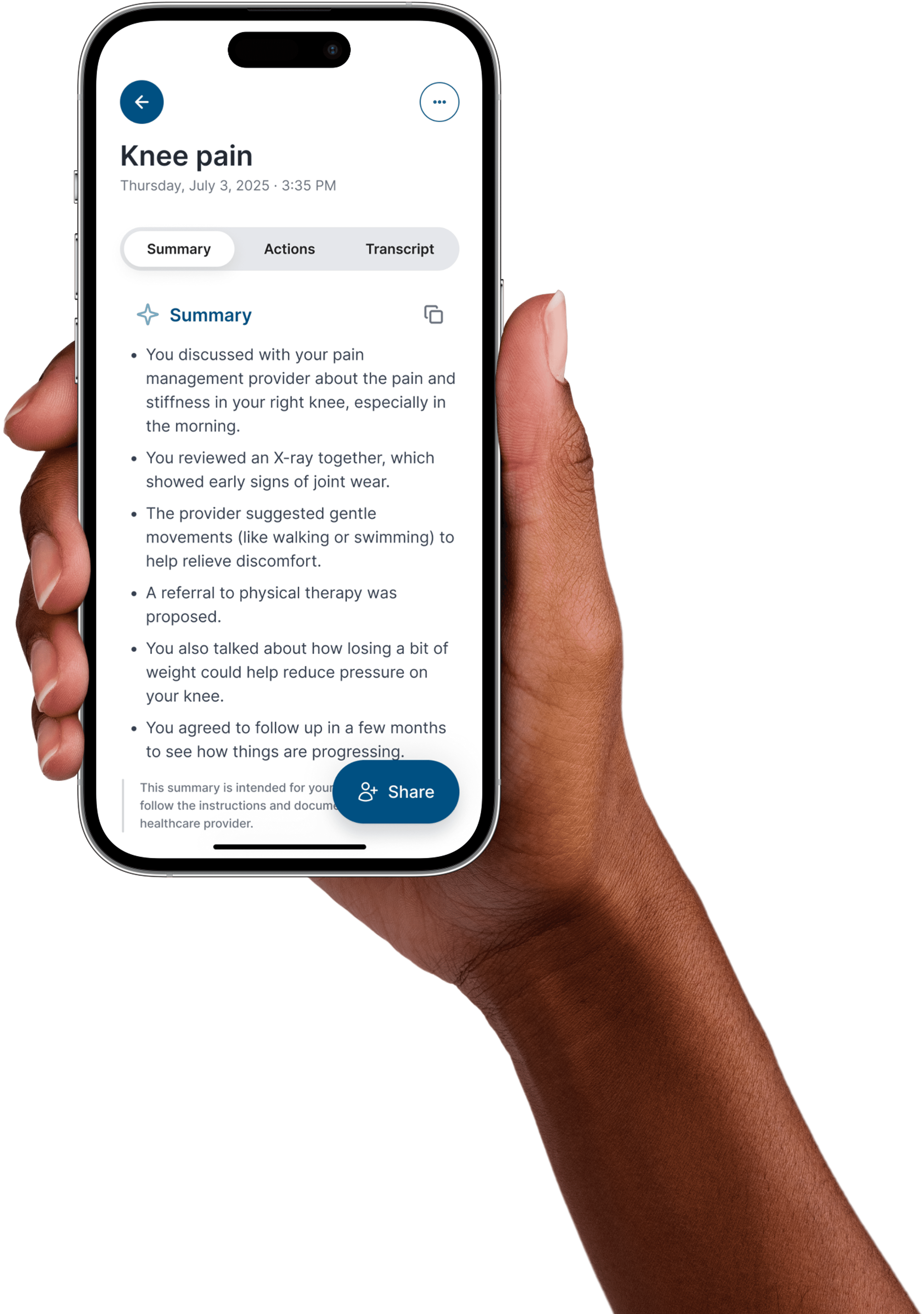 Hand that holds the Emilia mobile application