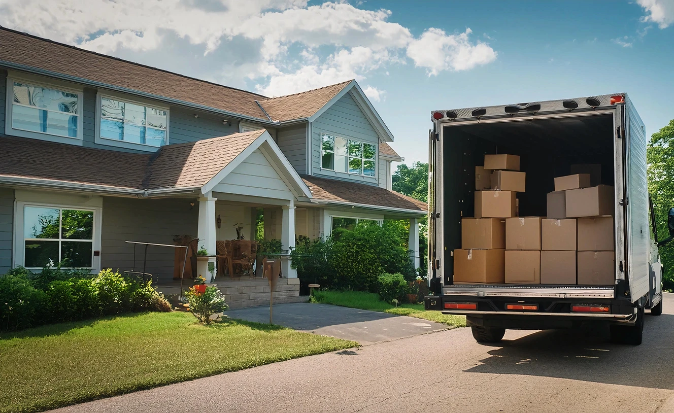 Open moving truck filled with stacked cardboard boxes parked in the driveway of a two-story suburban house.