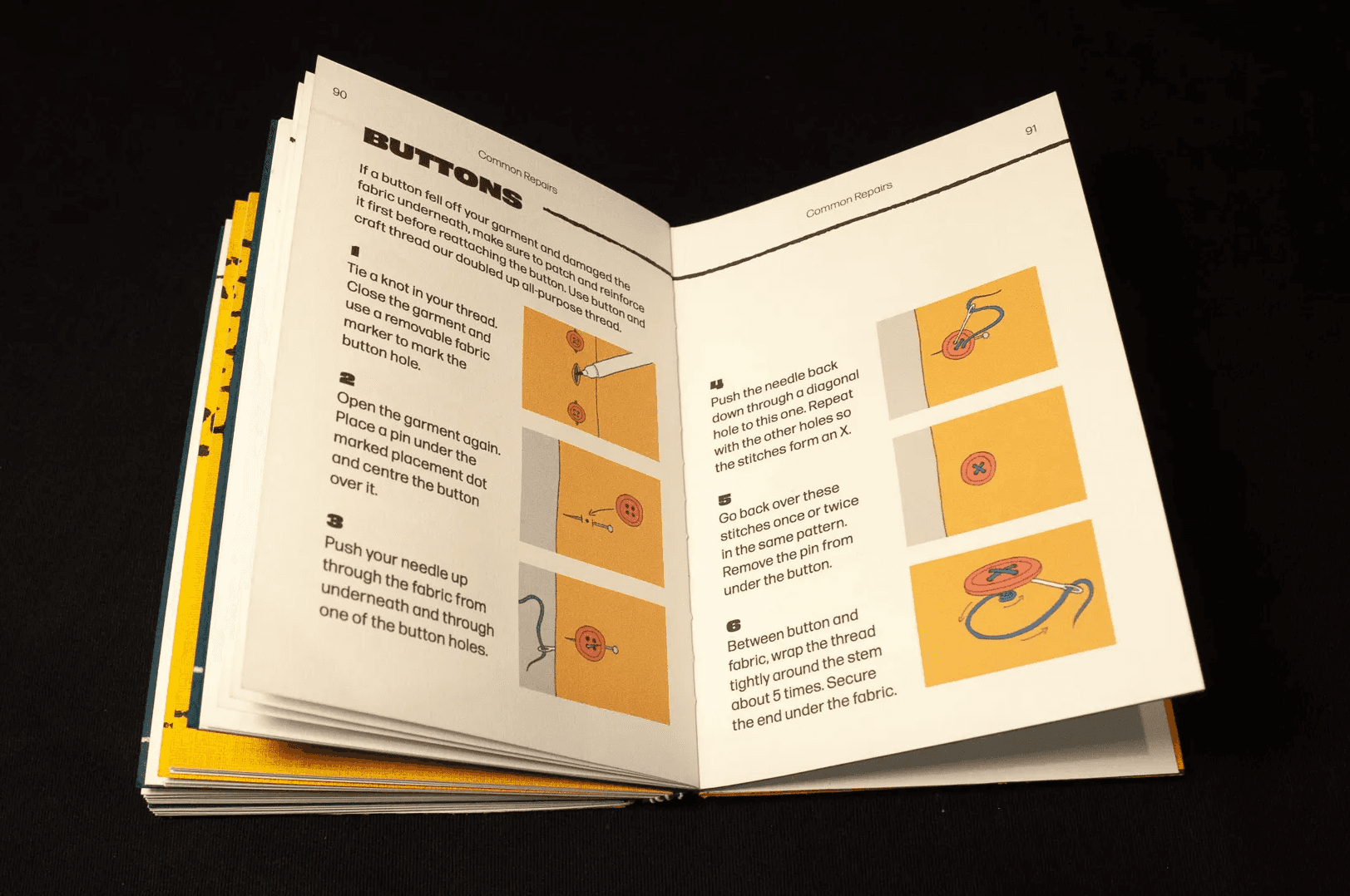 Open guide book spread showing instructions on reattaching a button with illustrations