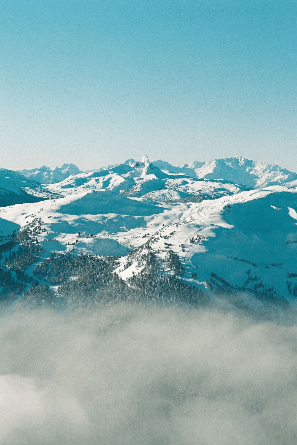 A jagged mountain range rises above a sea of clouds under a clear blue sky