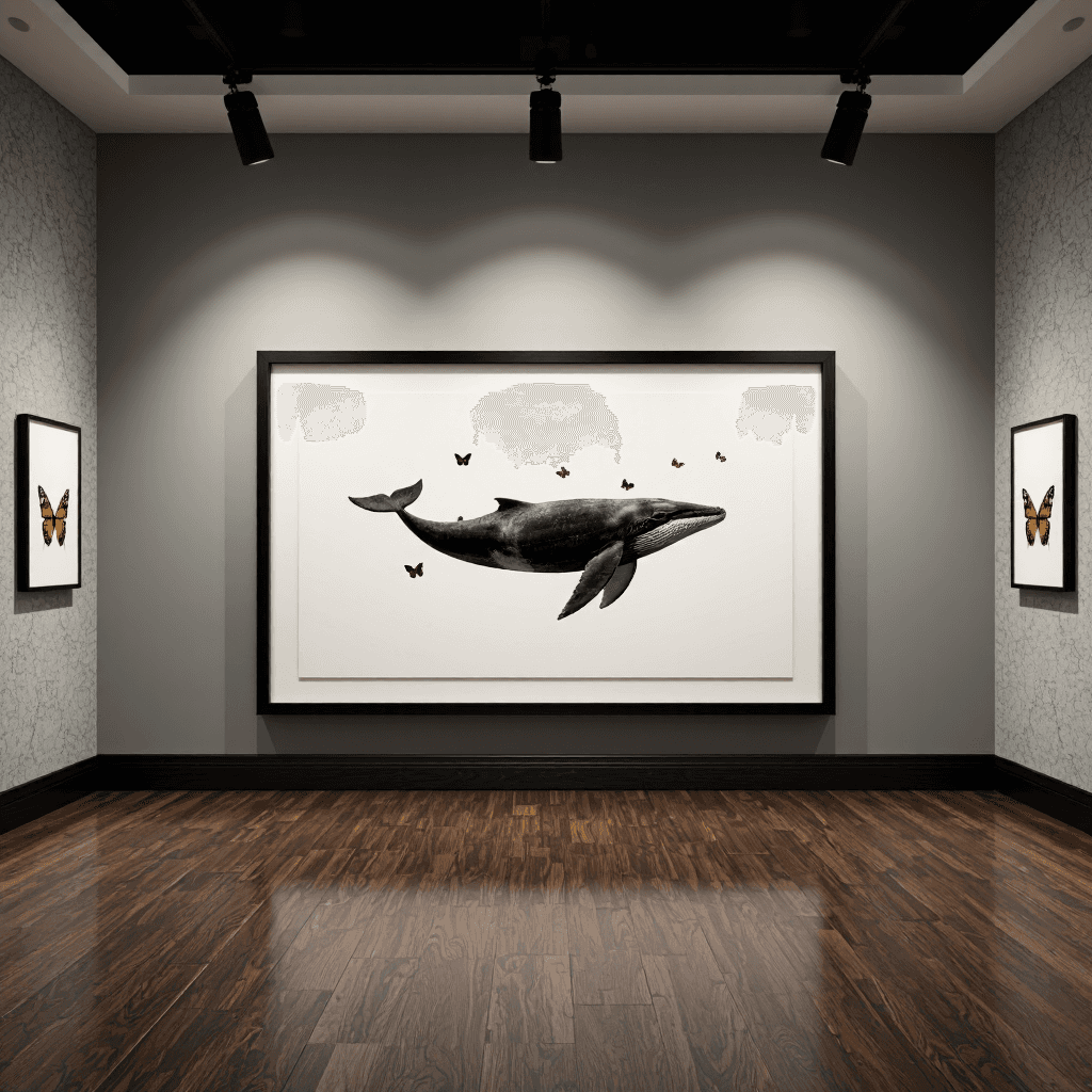 product photography of a framed artwork depicting a whale and butterflies