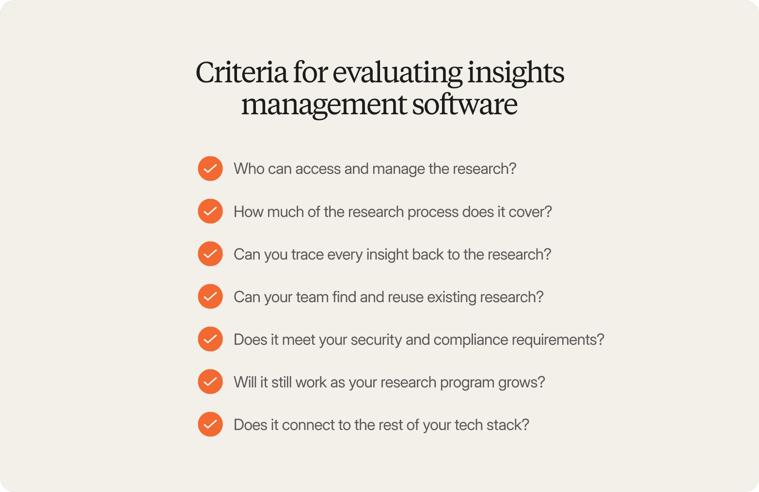 Checklist titled "Criteria for evaluating insights management software," posing questions about access, process coverage, traceability, reuse, security, scalability, and tech stack integration