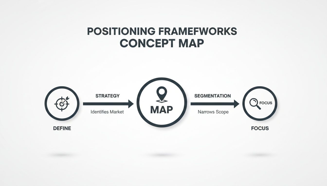A concept map illustrating positioning frameworks, showing Define, Map, and Focus stages.