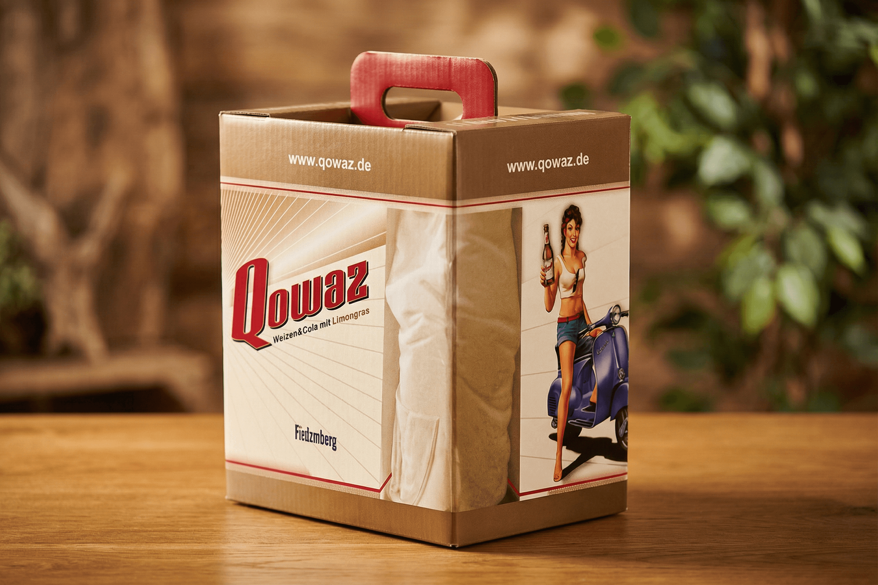 Cardboard beverage carrier with vintage style graphic