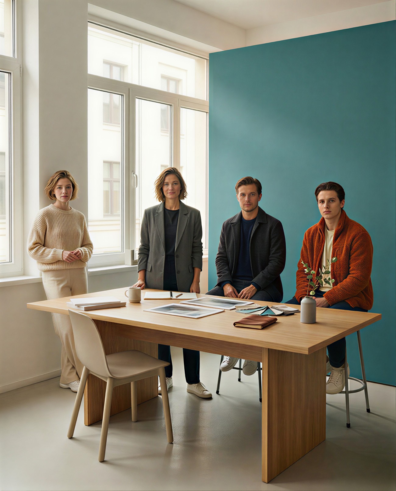 Four people in a modern office setting stand and sit around a wooden table. They're dressed in casual attire, surrounded by documents, against a teal wall.