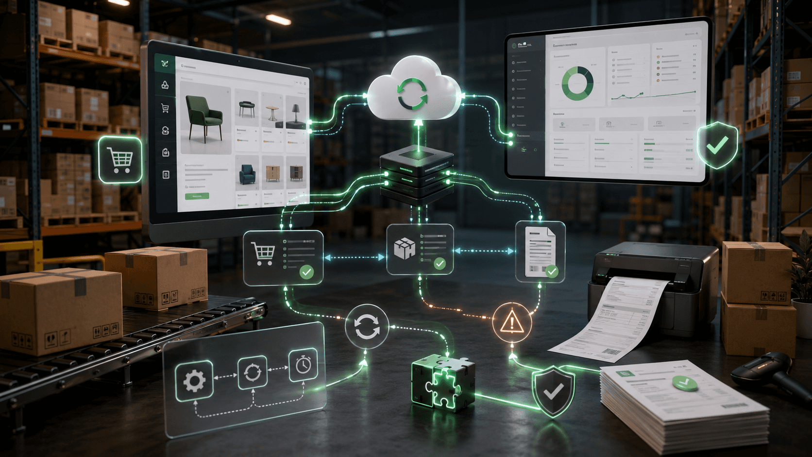 Ambiente 3D realista de armazém inteligente com caixas, esteira, telas de loja B2B e dashboard ERP conectados por fluxos digitais luminosos, simbolizando sincronização de estoque, pedidos, notas fiscais, retry automático e reconciliação de dados.