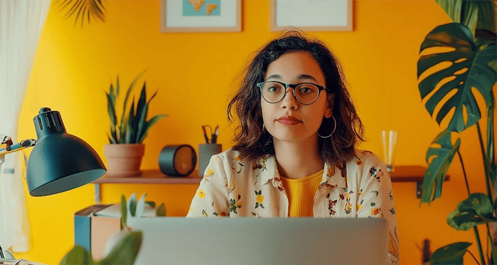 woman at computer in yellow room