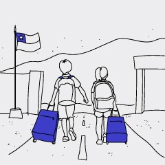 Portada de Radiografía: matrícula extranjera en el sistema educativo chileno, estudio de IdeaPaís, mostrando una ilustración de dos niños de espalda, con mochilas y maletas, que caminan por una ruta mientras una bandera chilena flamea a uno de sus lados. 