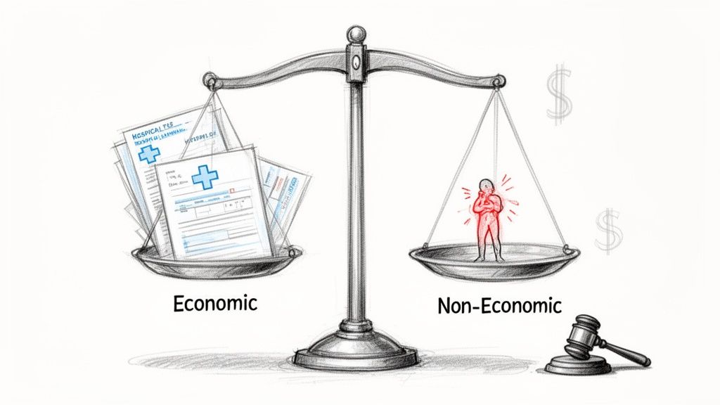 Justice scale balancing economic medical costs and non-economic human suffering with a gavel.