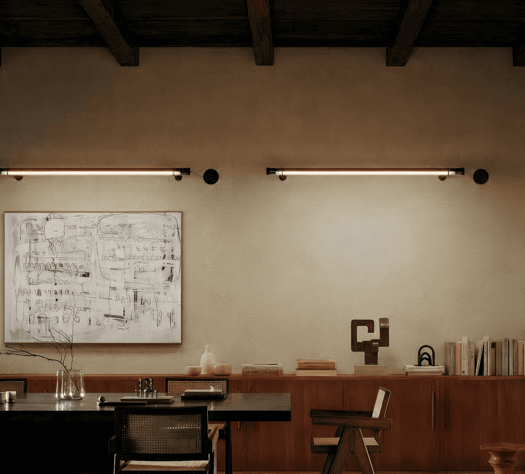 A moody scene of a room with a lamp shade