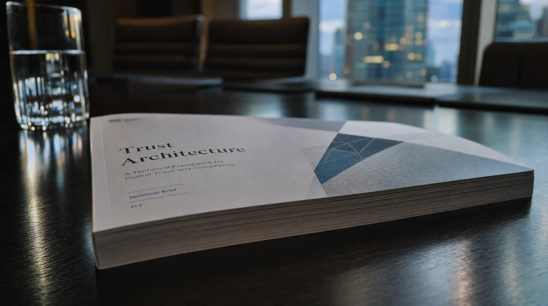 A branded document titled "Trust Architecture" on a desk, reflecting corporate brand identity and compliance-focused messaging.