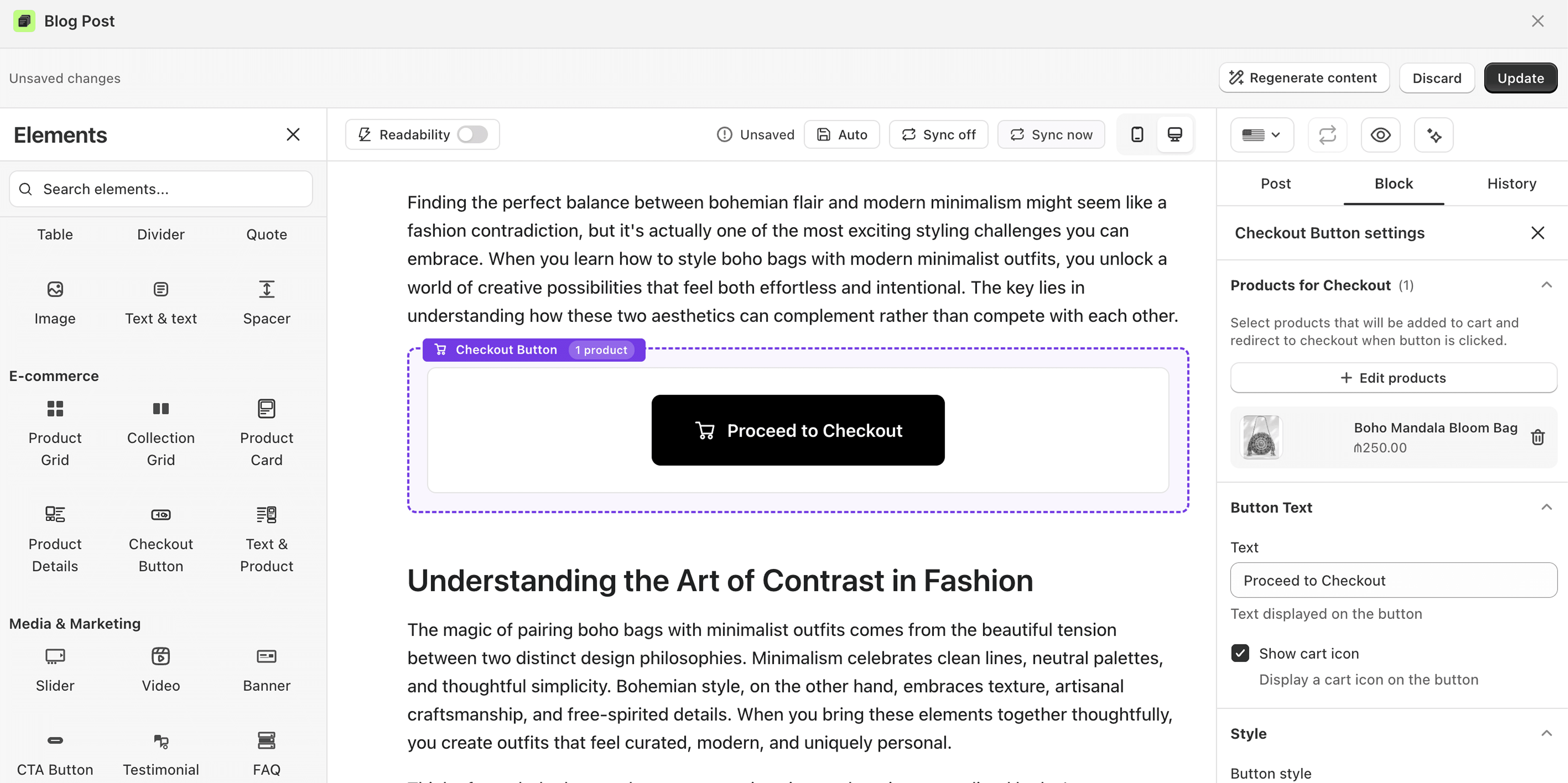 How to add a checkout button to a blog post in Shopify?