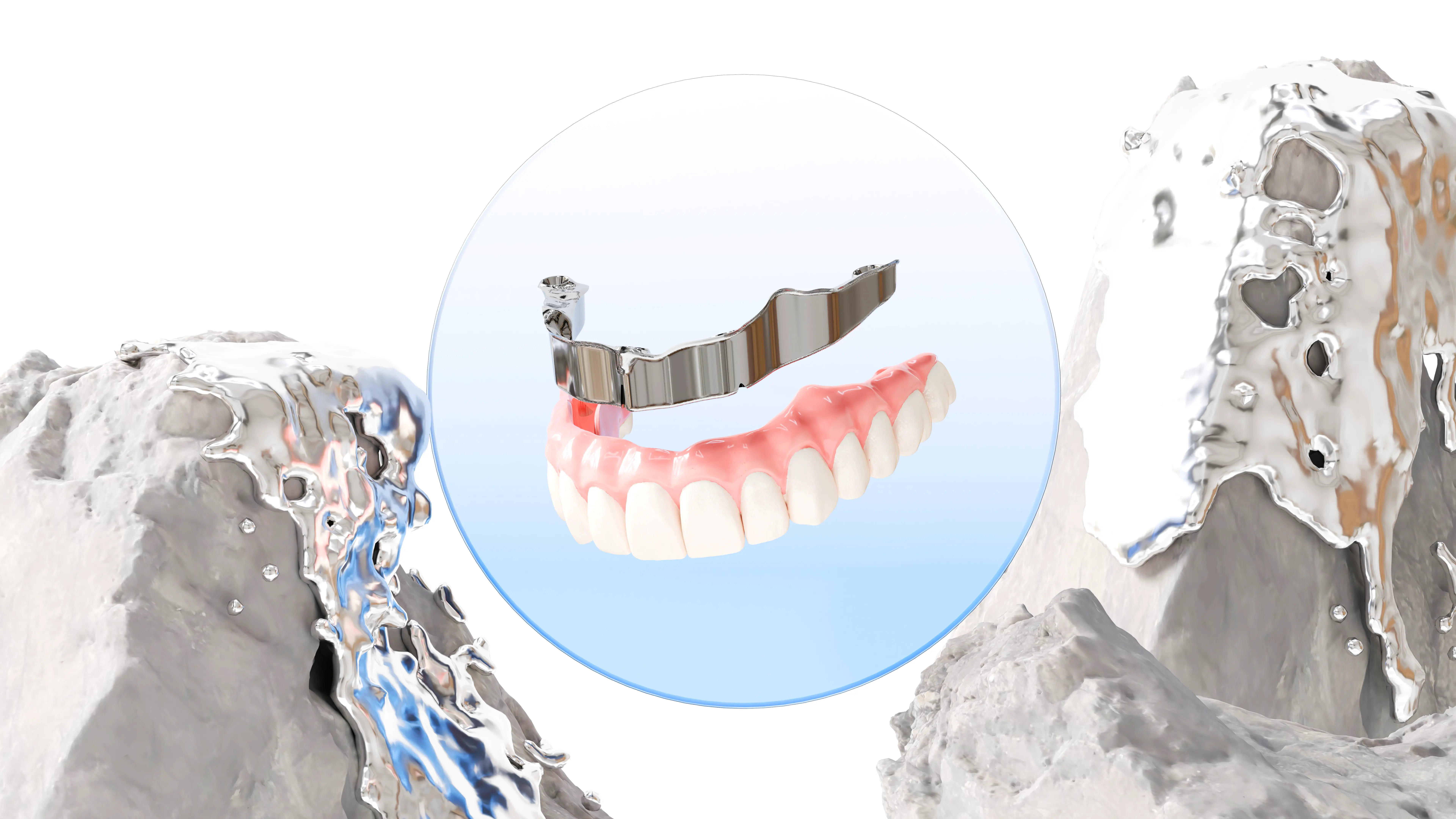 Fotorealistinis 3D renderis su dantų protezų ir implantų karkasu – modernus skysčio simuliacijos fonas, sukurta Renderiai.