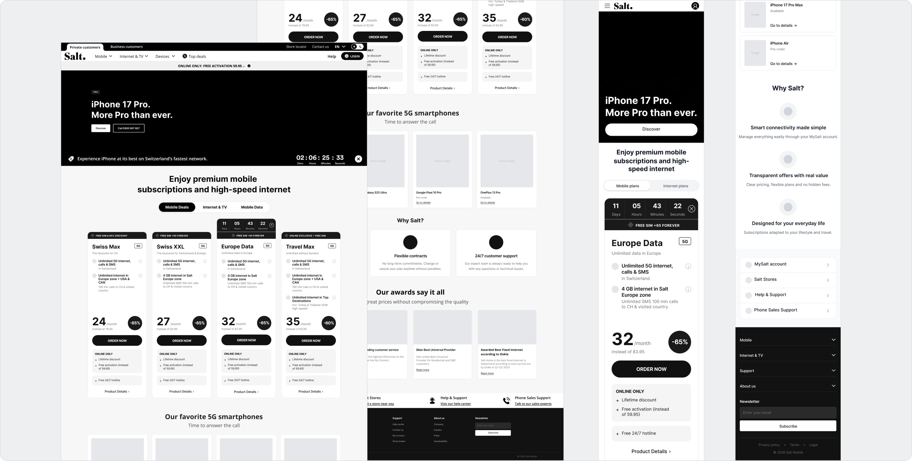 Responsive view of Salt Mobile’s homepage redesign across desktop and mobile, showcasing improved layout, plan comparison, and enhanced user experience.
