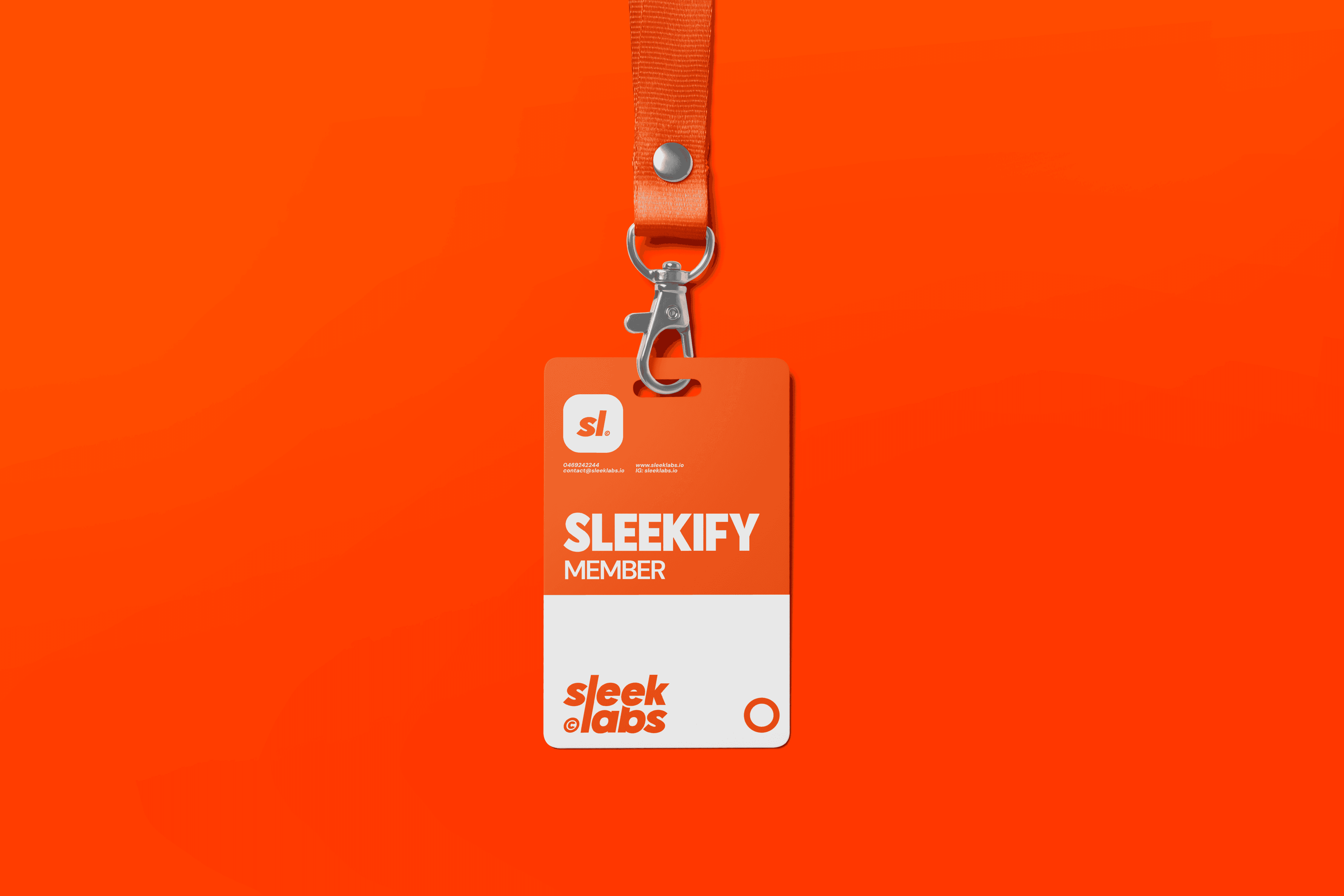 Sleeklabs Sleekify member badge mockup in bold orange and white design, representing premium website and branding package membership