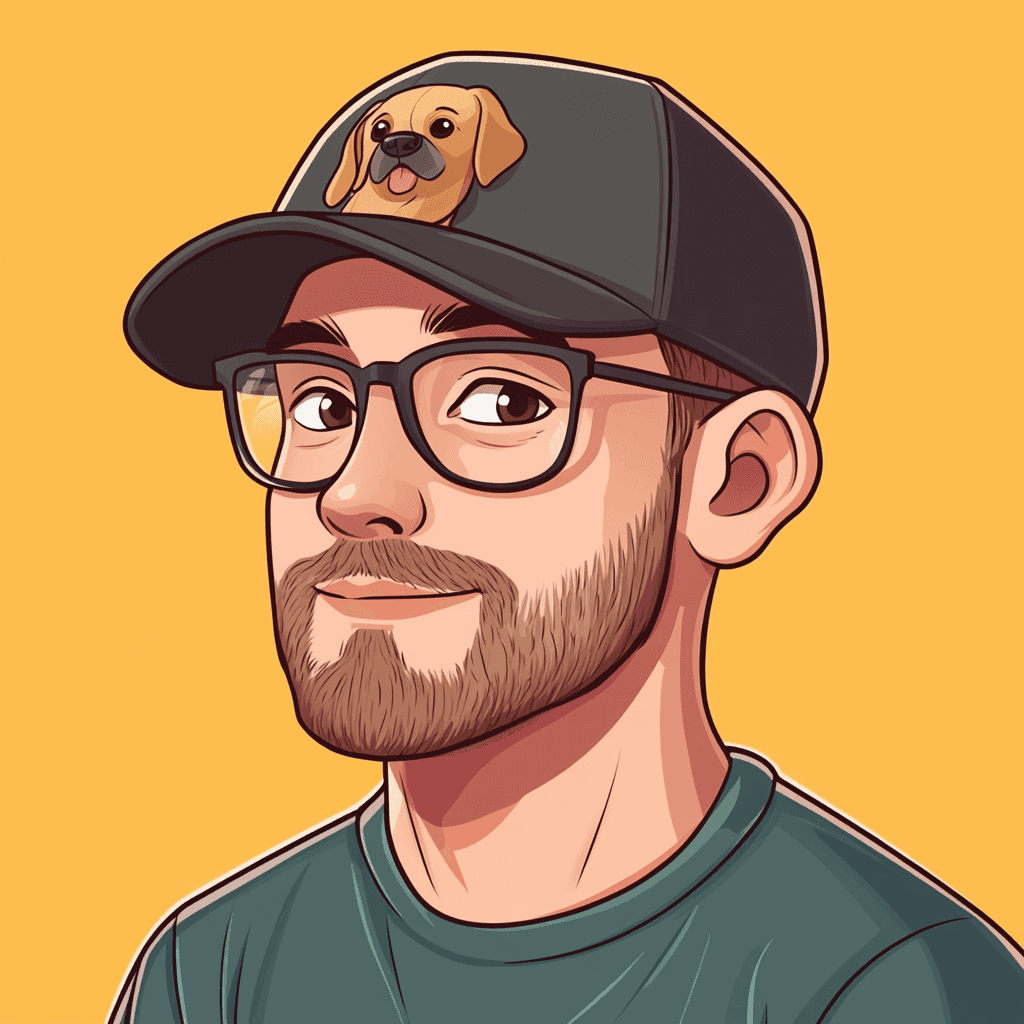 A man with glasses and a cap, smiling against a bright yellow background. This is Jamie, head of operations as Scoopers.uk